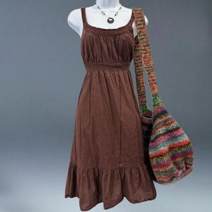 y2k brown prairie fairy milkmaid babydoll smocked midi dress faded glory